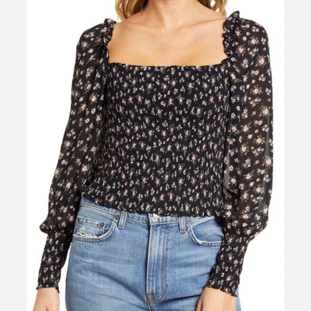 Reformation Black and White Cropped Blouse with Puffed Long Sleeves